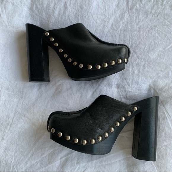 Vintage Miu Miu 1996 Leather Shearling Stud Clog Mule Heels Black - Picture 2 of 8